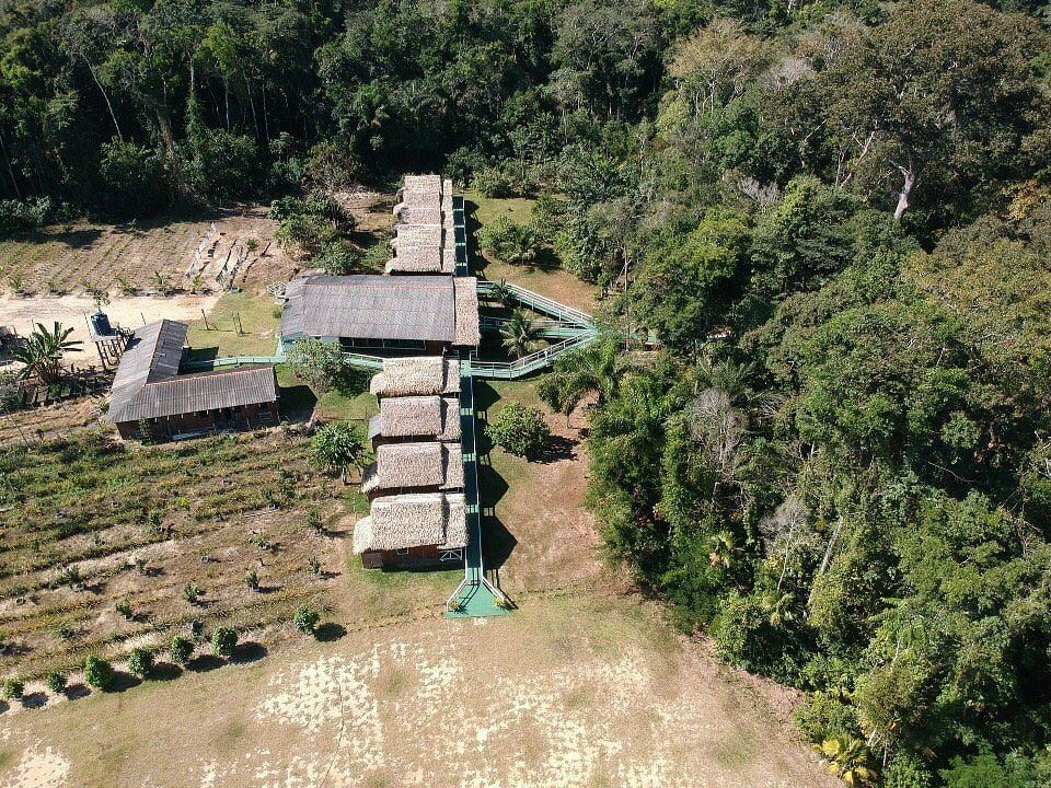The cabins in the clearing on the riverbank, seen from the air