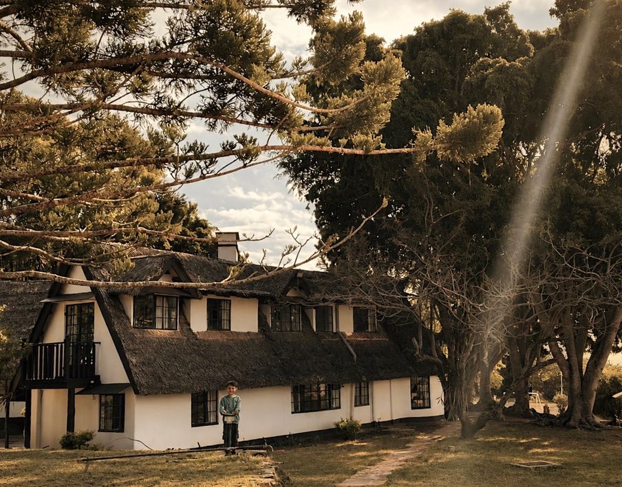 A whitewashed farmhouse under a thatched roof, among tall trees at low sun