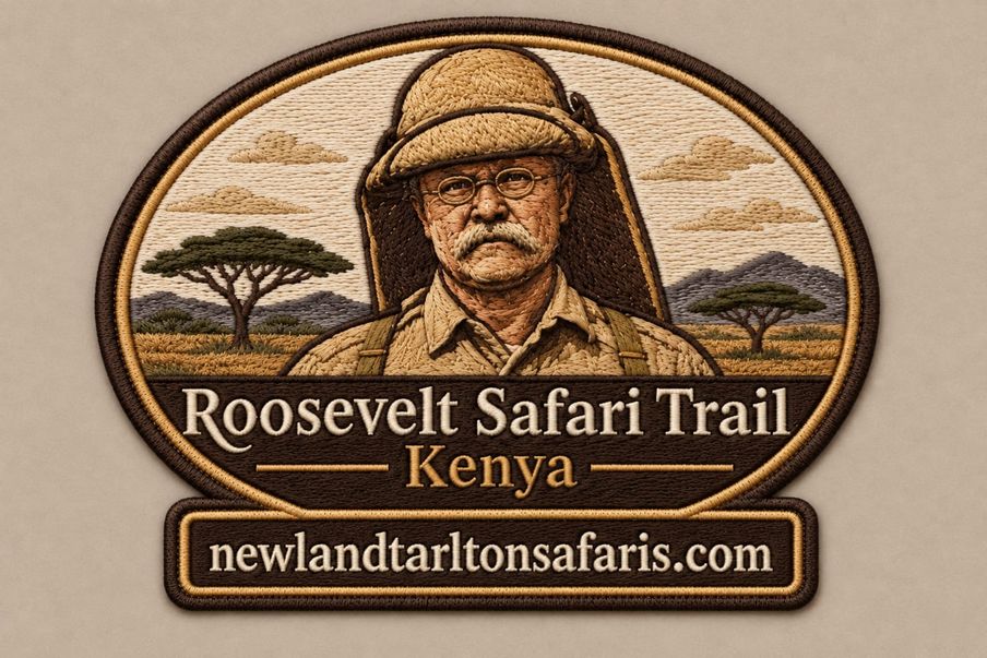 An embroidered badge reading Roosevelt Safari Trail, Kenya, newlandtarltonsafaris.com